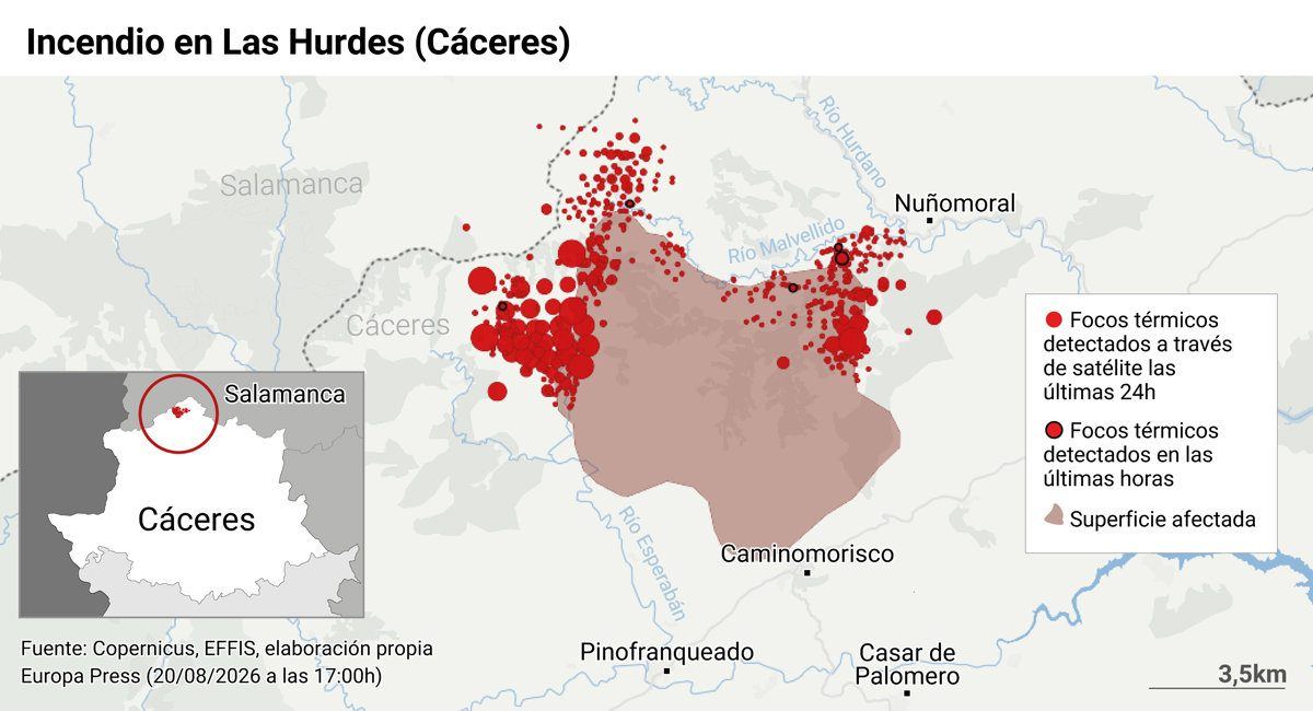 El incendio de Las Hurdes amenaza con cruzar el río Malvellido y poner en jaque a nuevas poblaciones
