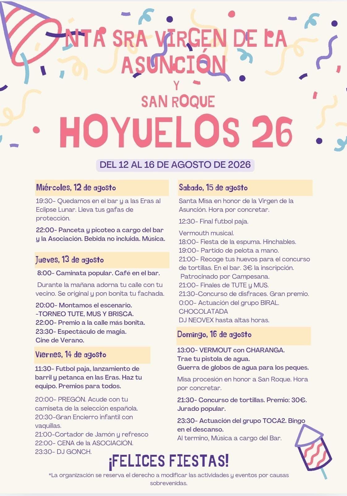 Cartel de Fiestas en honor a la Virgen de la Asunción y San Roque en Hoyuelos