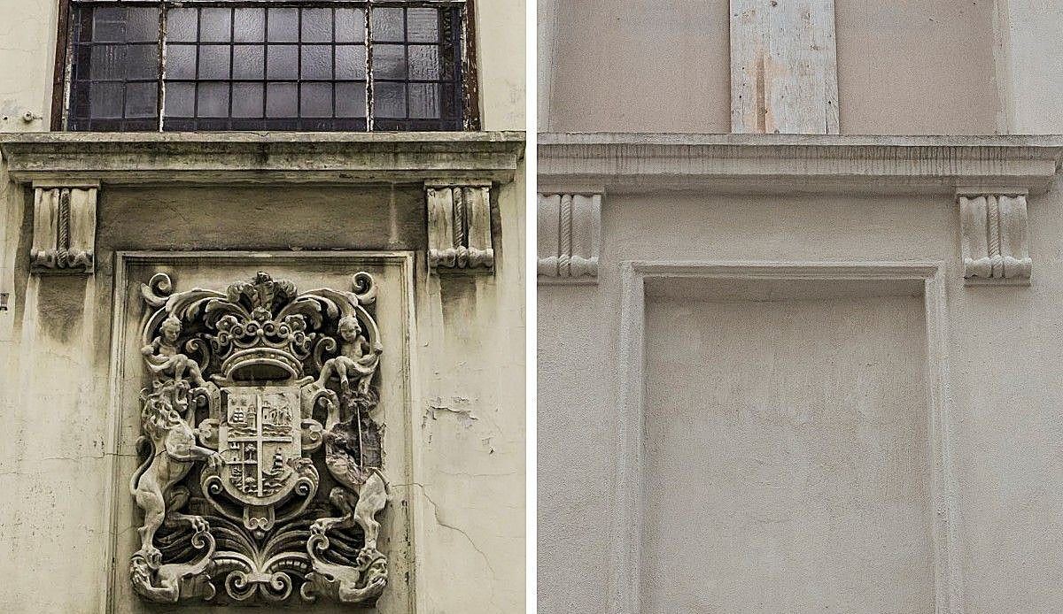 El escudo de las Cuatro Villas desaparece de la fachada de la Biblioteca de Menéndez Pelayo tras años de abandono