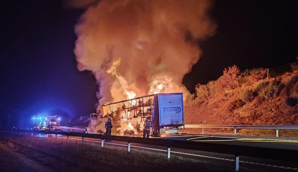 Un camión queda destruido por las llamas en la Ruta de la Plata a su paso por Morales del Vino