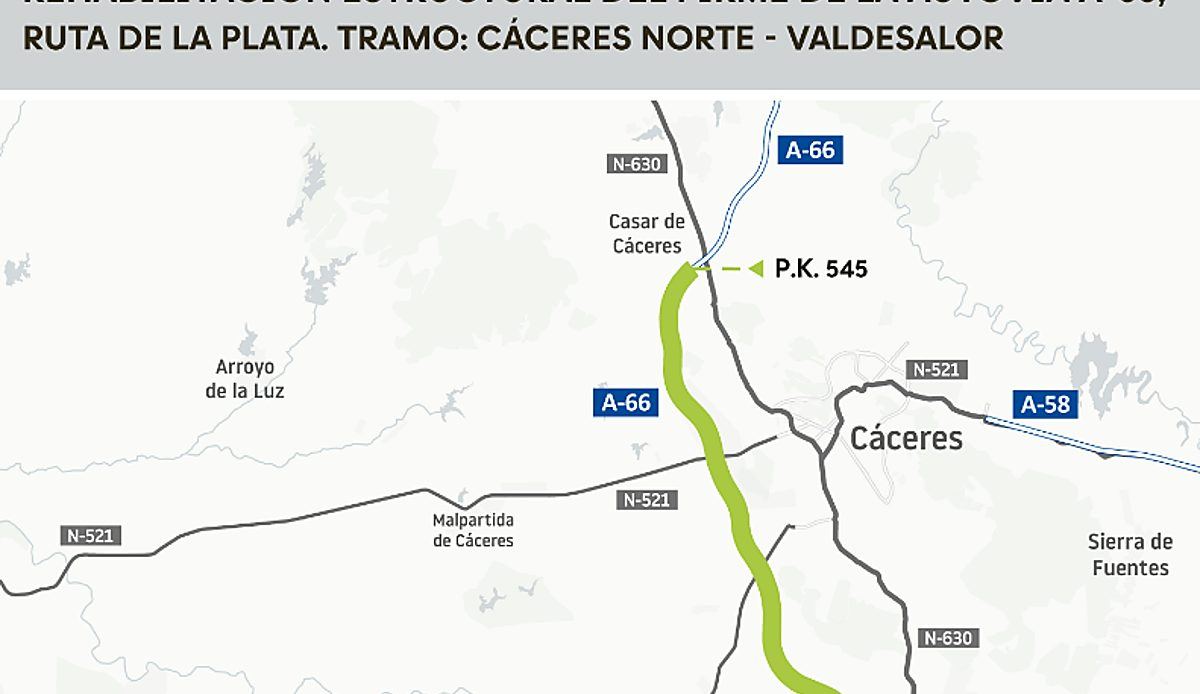 El tramo cacereño de la A-66 entre Cáceres Norte y Valdesalor recibirá una renovación integral de 11,3 millones de euros