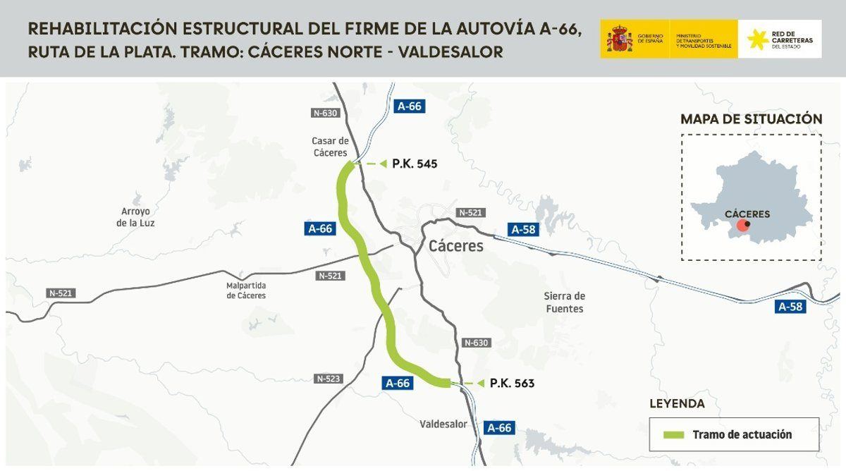 La Ruta de la Plata se pone a punto: 11,3 millones para renovar el firme de 18 kilómetros de la A-66 en Cáceres