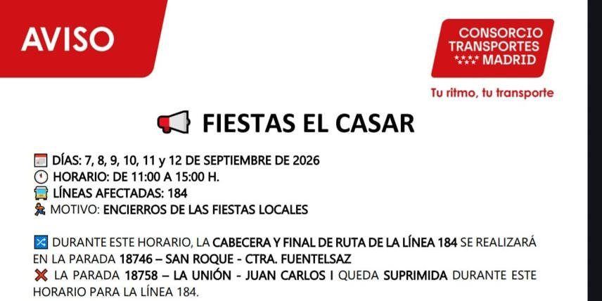 El autobús 184 cambia su ruta en El Casar durante los encierros de las fiestas patronales