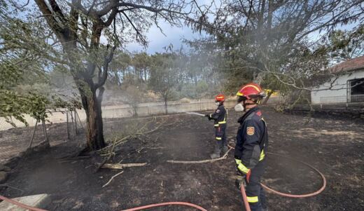El viento complica toda una noche de lucha contra el incendio declarado junto al río Cofio en Madrid